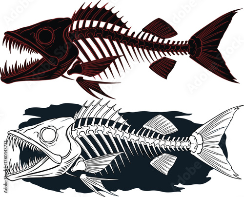 Sinister Fish Skeleton Illustrations: Two Spooky Drawings of Skeletal Remains Floating in Deep Water, Horror Halloween Imagery for Creepy Tattoos, Dark Art, Marine Biology, Gothic Designs, Eerie Decor