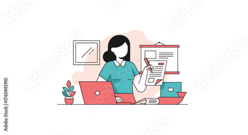 Professional woman reviewing documents and working on laptop at desk Business concept