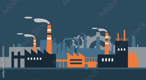 Factory skyline illustration with prominent chimneys smoke and industrial buildings