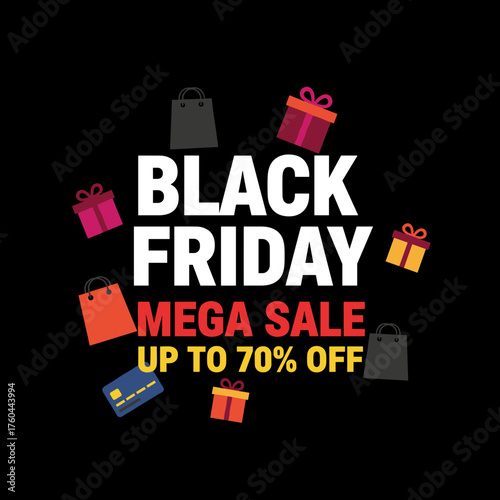 Black Friday Mega Sale banner with shopping bags and gifts for online retail promotions and discounts