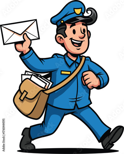 Smiling Cartoon Postman Delivering Mail with Cheerful Enthusiasm on Sunny Route – Ideal for Postal Service, Delivery Companies, Graphic Design, Education, Marketing, Advertising, Comic Book Style Illu