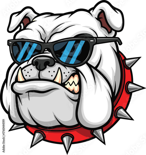 Cool Bulldog Mascot with Spiked Collar Posing in Sunglasses for Graphic Design, Sport Team Logo, or College Mascot Illustration with an Attitude of Boldness and Strength for Marketing Materials