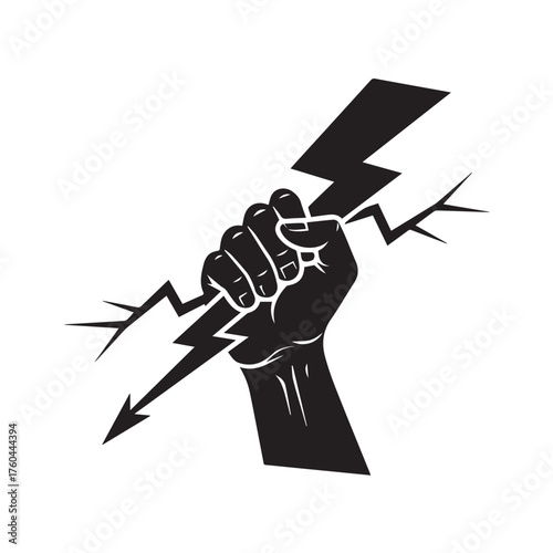 Strong Hand Gripping a Powerful Lightning Bolt Symbol.