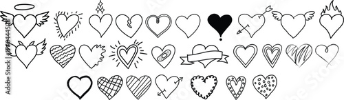 Hand Drawn Heart Doodle Icons Set, Cute Sketch Love Symbols Collection, Valentine’s Day Heart Outlines, Romantic Clipart Pack