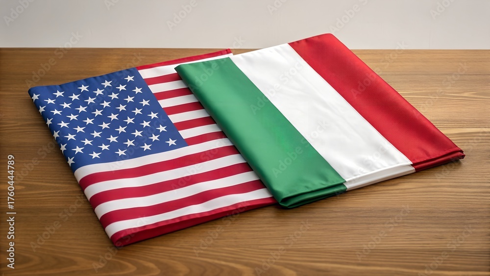 Fototapeta premium Two National Flags United States and Italy Side by Side on Wooden Table Surface