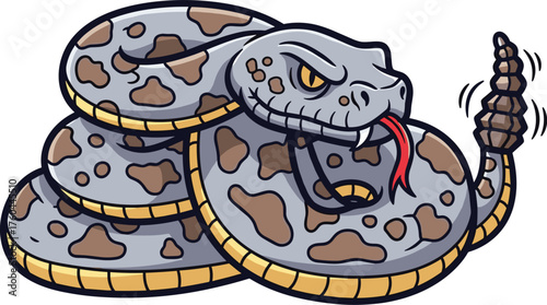 Menacing Rattlesnake Coiled and Rattle Shaking Ready to Strike Illustration on White Background, Toxic Reptile Predatory Wildlife Animal with Cartoon Style, Dangerous Nature Concept for Education, Gam