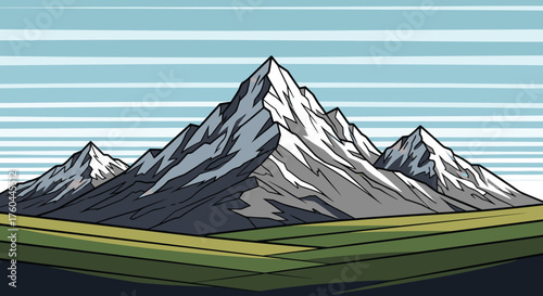 Majestic Mountain Range Landscape with Snowy Peaks and Green Valley Under Striped Sky: Nature Illustration for Travel Adventure, Exploration, Environment, Graphic Design, Backgrounds, Website Headers,