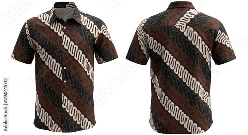 Front and back views of a short-sleeved, collared shirt with diagonal stripes on a white background.