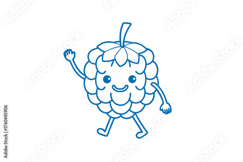 Blue raspberry cartoon character happily waves and walks with a big smile today