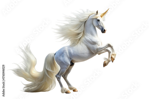 Beautiful white unicorn rearing up isolated on transparent background in studio shot