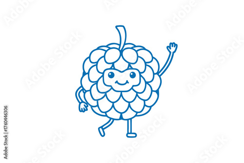 Blue outline cherimoya fruit character walks forward, smiling and waving hello cheerfully
