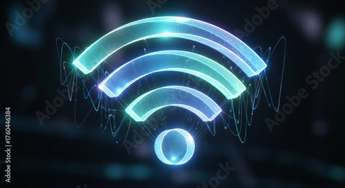 Glowing wifi symbol on dark background representing wireless internet connectivity, technology, and communication
