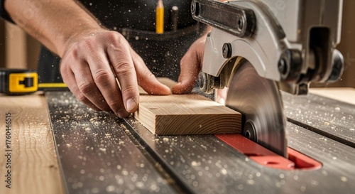 Close-up of a person's hands cutting a wooden plank on a table saw in a workshop with scattered wood shavings.