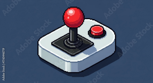 Isometric pixel art illustration of an arcade joystick with a red knob, representing retro gaming and vintage video game culture