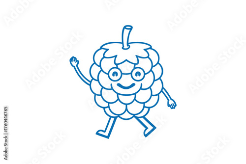 Blue raspberry cartoon character cheerfully walks and waves, wearing glasses, on a white surface