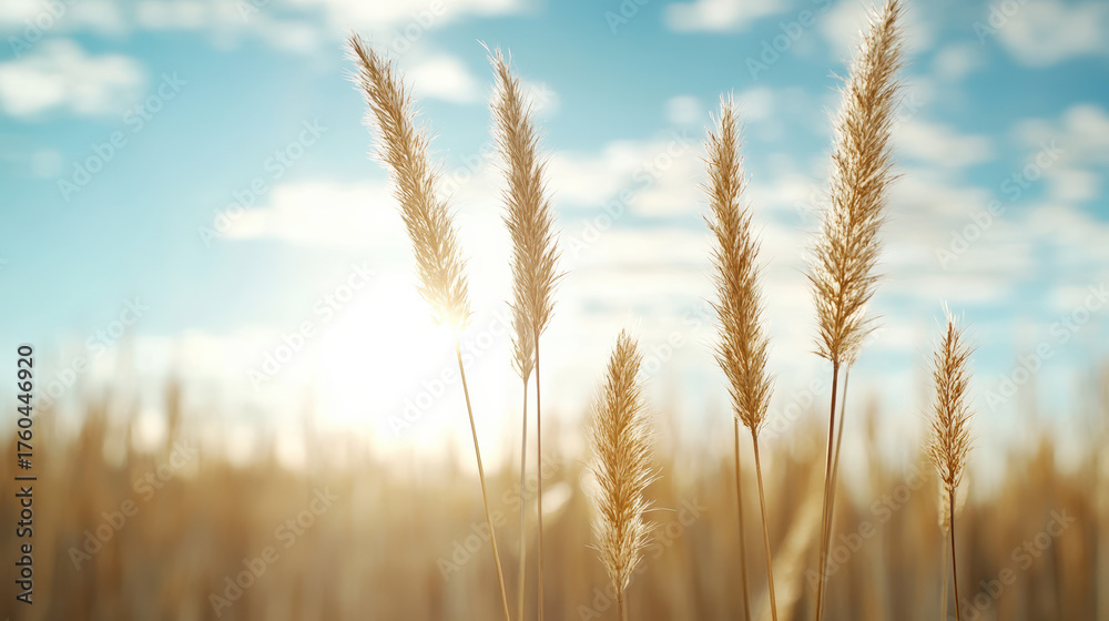 Fototapeta premium Golden hour sunlight illuminates tall grass against blue sky, creating serene atmosphere