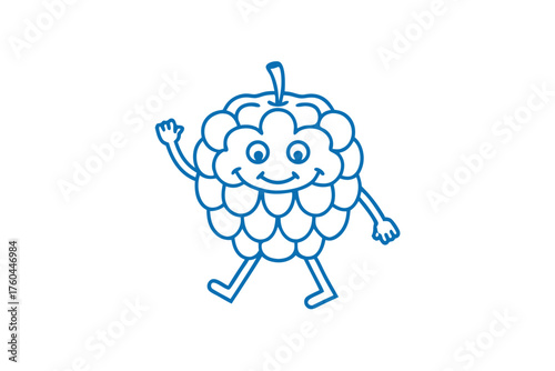 Blue cartoon pinecone character waves hello as it cheerfully walks on a white backdrop