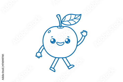 Blue outlined apple character strides happily, its tiny hand raised in a greeting