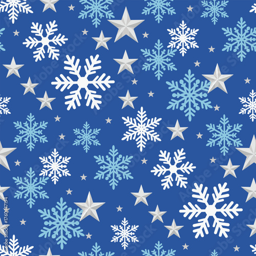 Christmas Winter Pattern Vector. Seamless Christmas Snowflake Pattern with Stars. Merry Christmas Frosty seamless pattern Background.