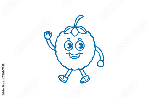 Blue berry cartoon character is smiling, walking, and waving its hand happily
