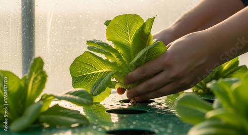 Close-up of hands holding a green plant in a hydroponic system with water droplets and lush foliage in the background.