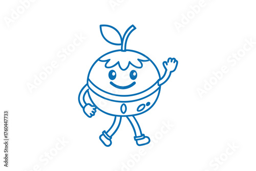 Cheerful blue outline apple character waves happily as it walks forward on a white backdrop