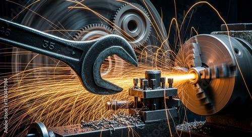 Close-up of a wrench adjusting a gear on an industrial machine with sparks flying against a dark background.