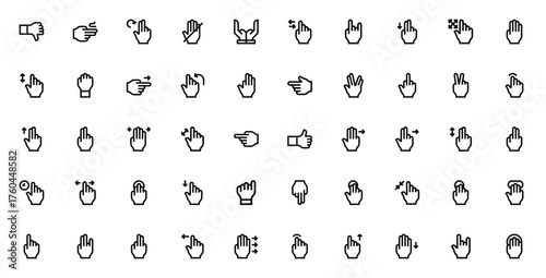 Hand gestures icon set. Vector gesture collection. Icludes thumbs up, thumbs dwn, victory, fist, point, croll, tap, touch, zoom an more. Editable stroke.