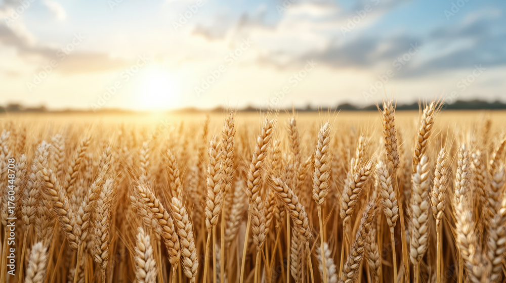 Fototapeta premium Golden wheat field under warm sunlight creates peaceful rural atmosphere