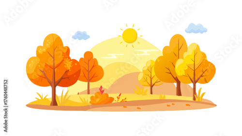 Autumn landscape with trees, sun, and clouds a serene and picturesque scene of fall foliage in a minimalist style design