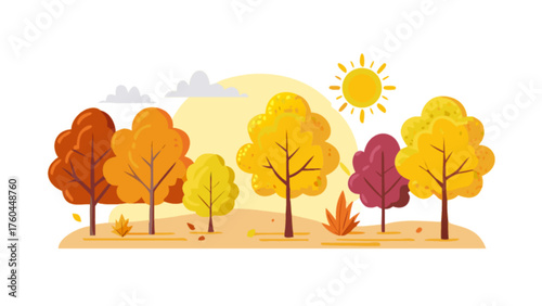 Autumn landscape with colorful trees, sun, and clouds a vibrant and picturesque scene of fall foliage in a minimalist style