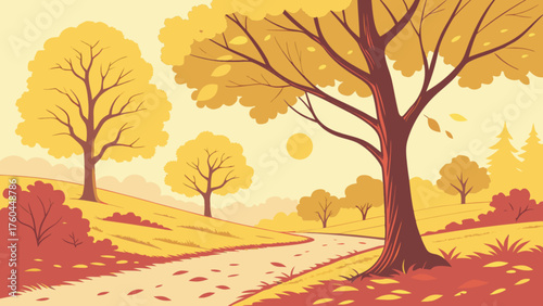 Autumn landscape with trees and a winding path a serene and picturesque scene of fall foliage in a minimalist style with a vintage color palette
