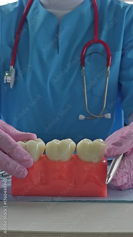 Tooth Set Up Dental professional demonstrates tooth anatomy using dental model and ...