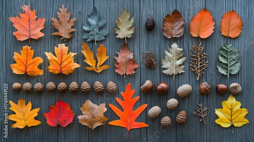 This arrangement of fall foliage and nuts is perfect for seasonal designs and backgrounds