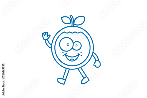 Cartoon orange cheerfully walks and waves its hand in a friendly manner