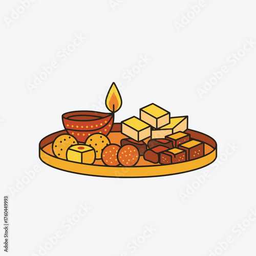 A traditional Indian Diwali thali with a diya and assorted sweets, symbolizing celebration and festivity.