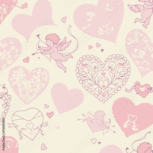 Ornate heart design with cherubs in various poses. Seamless pattern of decorative hearts and cupids on a pale cream background. Romantic Valentine's Day theme.