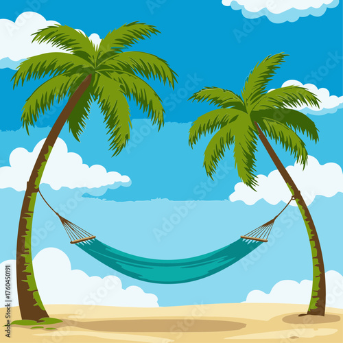 Tropical beach scene with hammock and palm trees. Relaxing vacation setting with a teal hammock suspended between palm trees on a sandy beach.