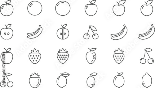 Collection of various fruit icons, including apples, oranges, bananas, cherries, strawberries, and lemons