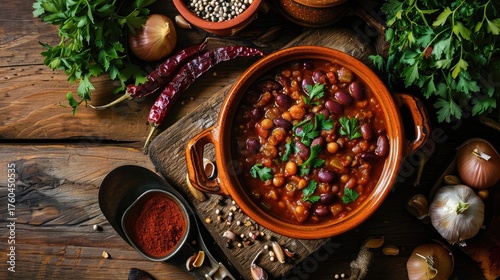 Georgian Lobio, Cooked Beans, Red Beans with Meat and Spices, Lobio in Ceramic Pot on Rustic Background
