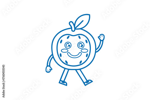 Cartoonstyle orange character happily walks with a friendly wave on a white background