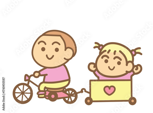 A boyfriend rides a bicycle pulling a cart for his girlfriend.