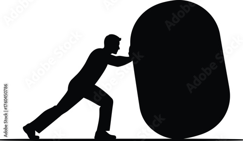 Silhouette of a man pushing a large boulder, symbolizing effort