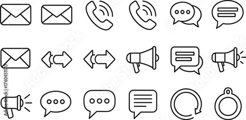 Set of linear icons for business, communication, marketing, and social media