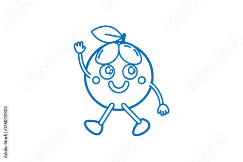 Cheerful fruit cartoon character with leaf waving hand walks happily toward the viewer