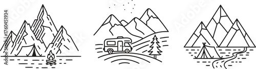 Mountain landscapes with camper van and camping scene linear silhouette