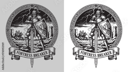 Fortress Breaker Knight with Shield and Longsword at Castle Ruins after Battle