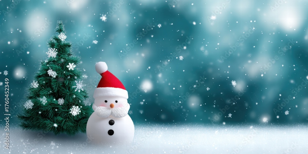 Fototapeta premium Festive Snowman and Christmas Tree in Snowfall