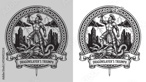Dragonslayer Knight Triumphant Standing on Defeated Three-Headed Dragon