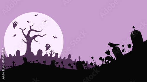 Cemetery landscape of spooky hill full of tombstone and ghost. Background silhouette of haunted graveyard under the full moon night. Vector illustration for Halloween event celebration with flat style